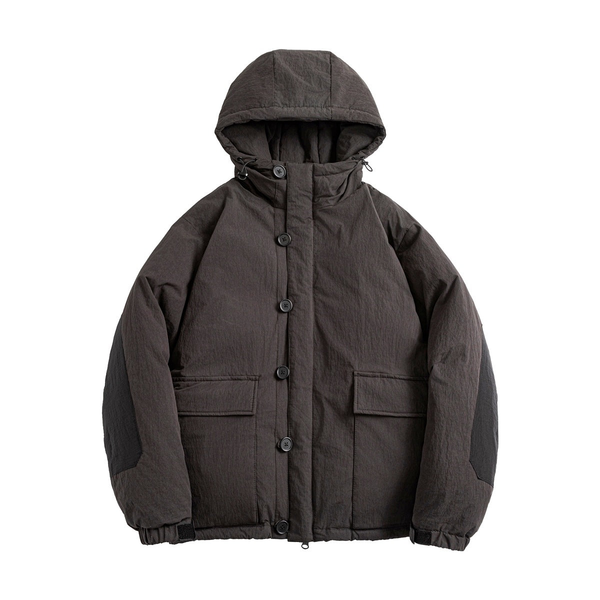 Dark charcoal-black hooded button-front jacket with flap pockets and sleeve patches, shown flat from the front