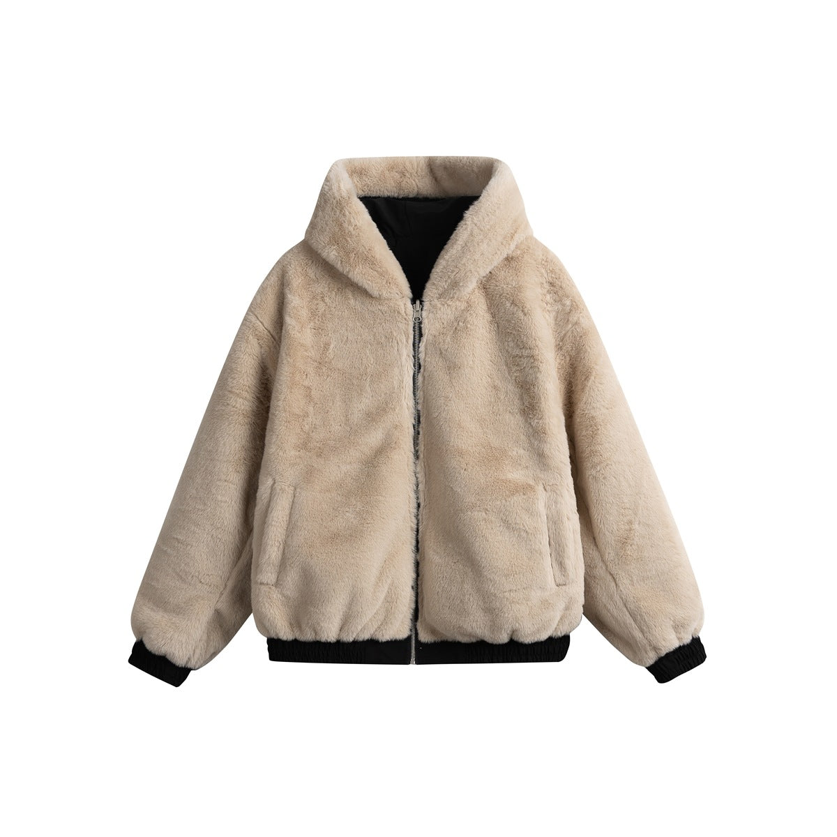 Front view of a beige plush hooded zip jacket with black trim, cuffs and hem, and two pockets.
