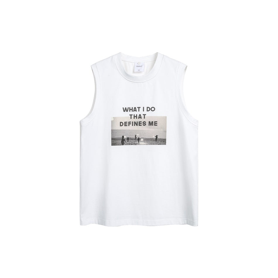 White sleeveless crew-neck tank top with a 'WHAT I DO THAT DEFINES ME' beach photo print on the chest