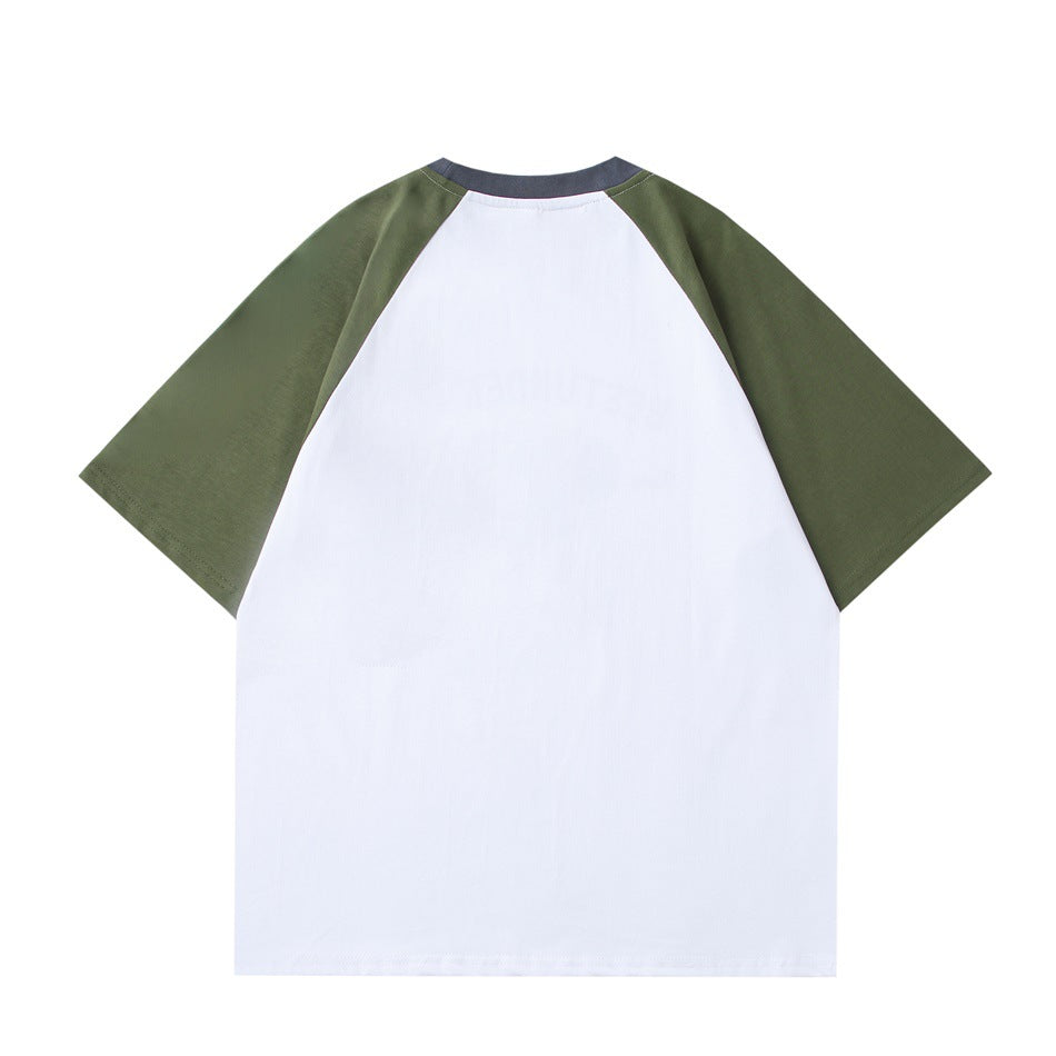 Back view of a white T-shirt with olive raglan sleeves and a dark gray collar.