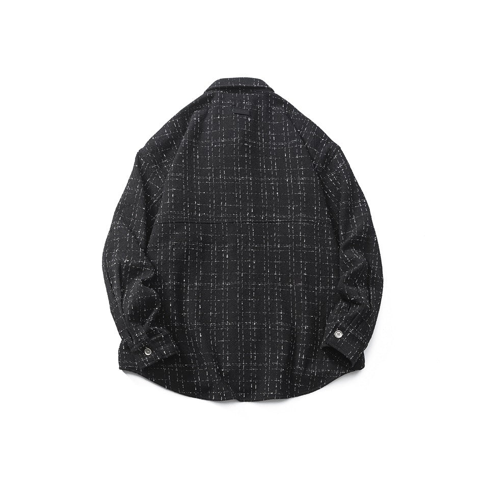 Back view of black windowpane-check shirt jacket flat lay showing back yoke seam, buttoned cuffs and curved hem