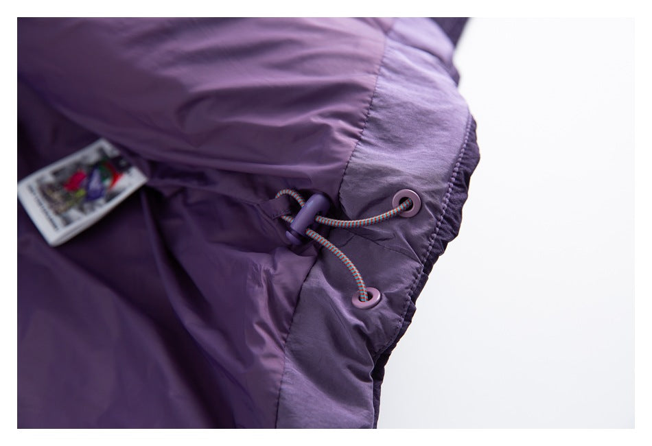 Purple jacket edge with an adjustable drawcord and a small attached tag.