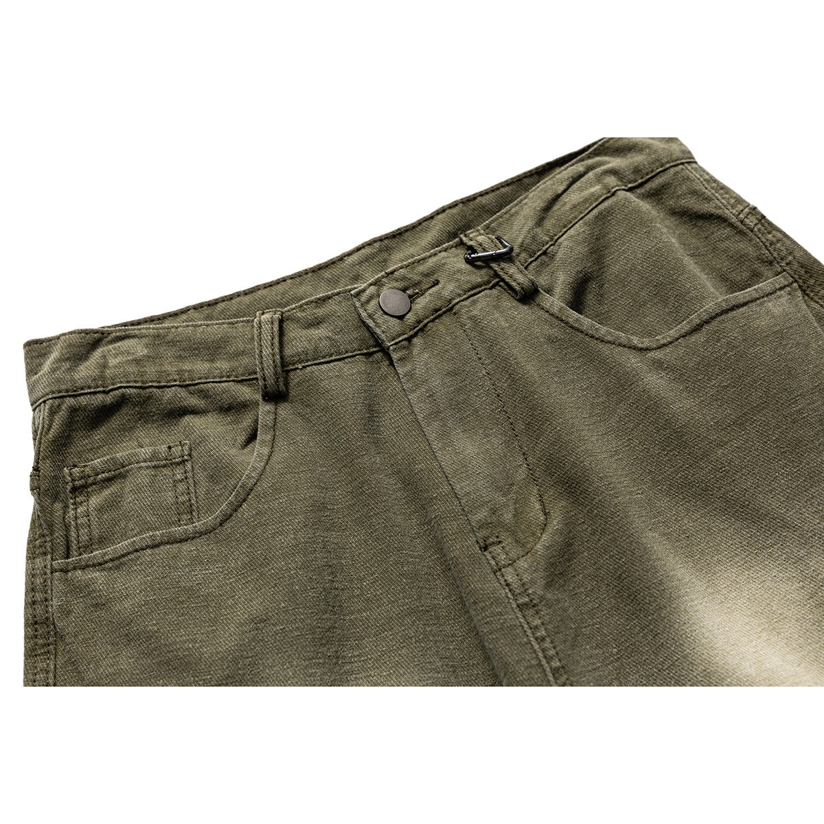 Close-up of olive trousers showing the waistband, button, belt loops, front pocket and fly.
