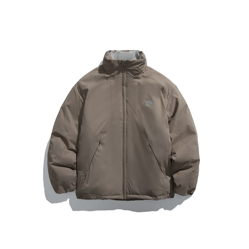 Front view of a taupe-gray padded jacket with a high stand collar, full zip, and slanted zip pockets.