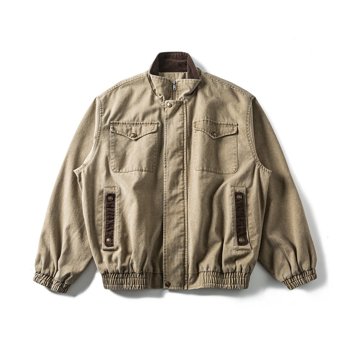 Khaki washed stand-collar jacket flat lay with chest snap-flap pockets, corduroy-trim side pockets and ribbed cuffs and hem