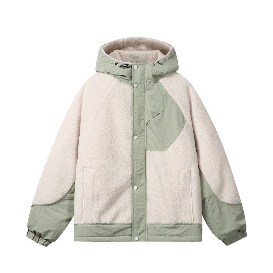 Off-white fleece-like hooded jacket with sage green panels, chest pocket, snap front and elastic cuffs, front view