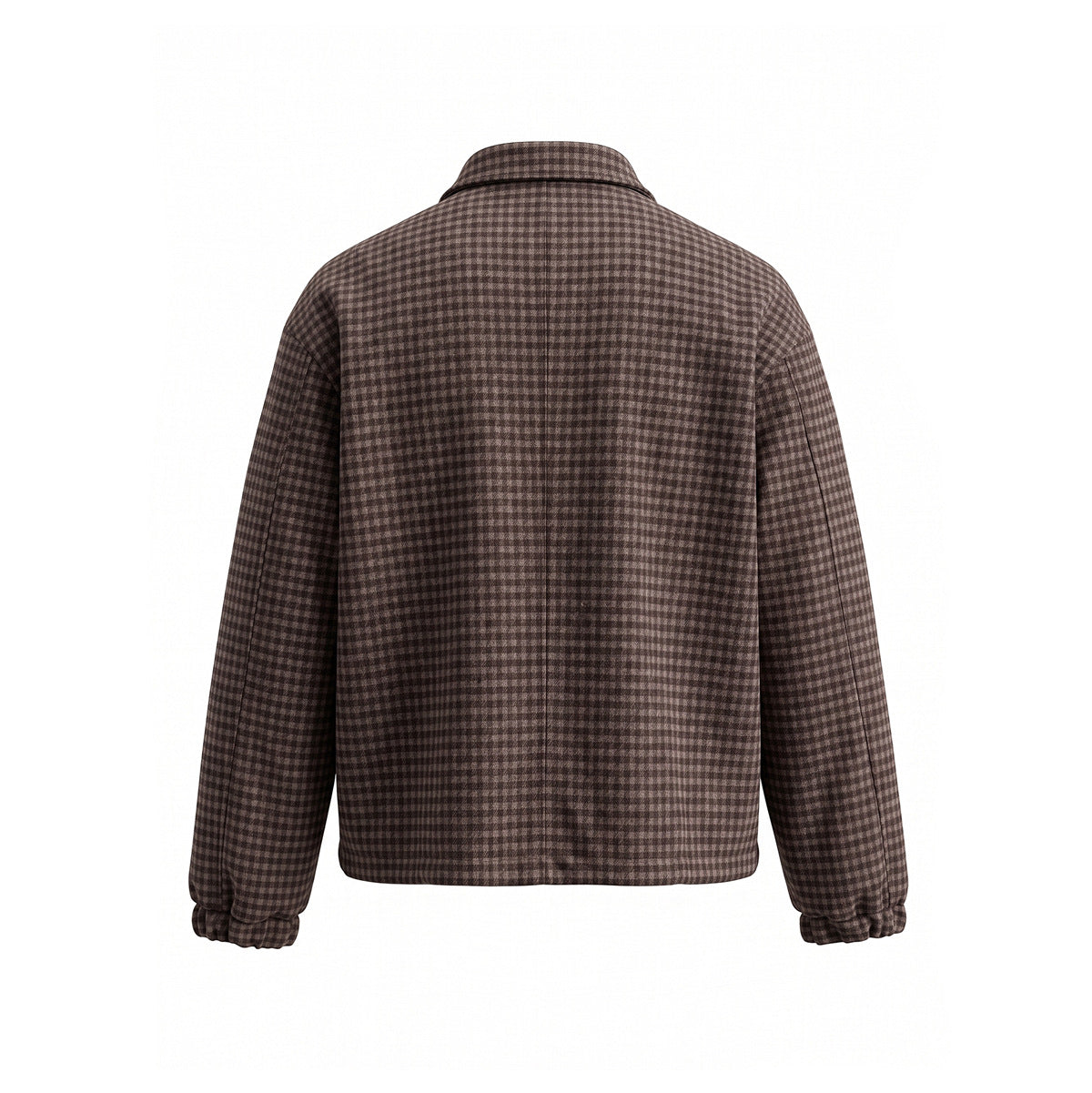 Back view of a brown check jacket with a pointed collar and gathered cuffs.
