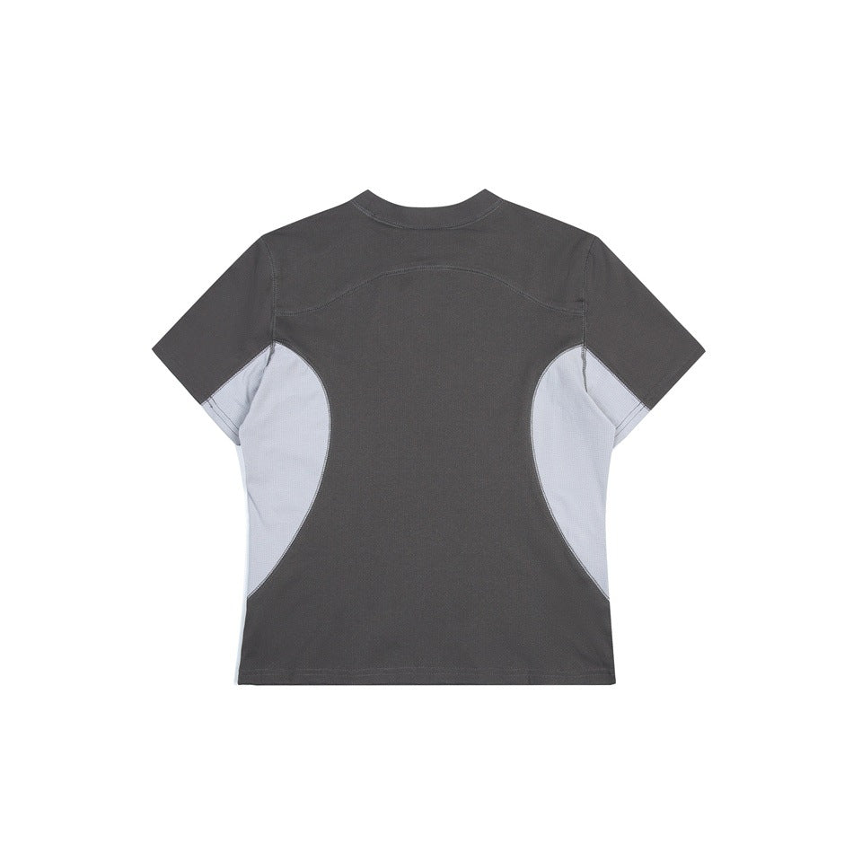 Back view of a charcoal short-sleeve shirt with light gray curved side panels and a curved upper-back seam.