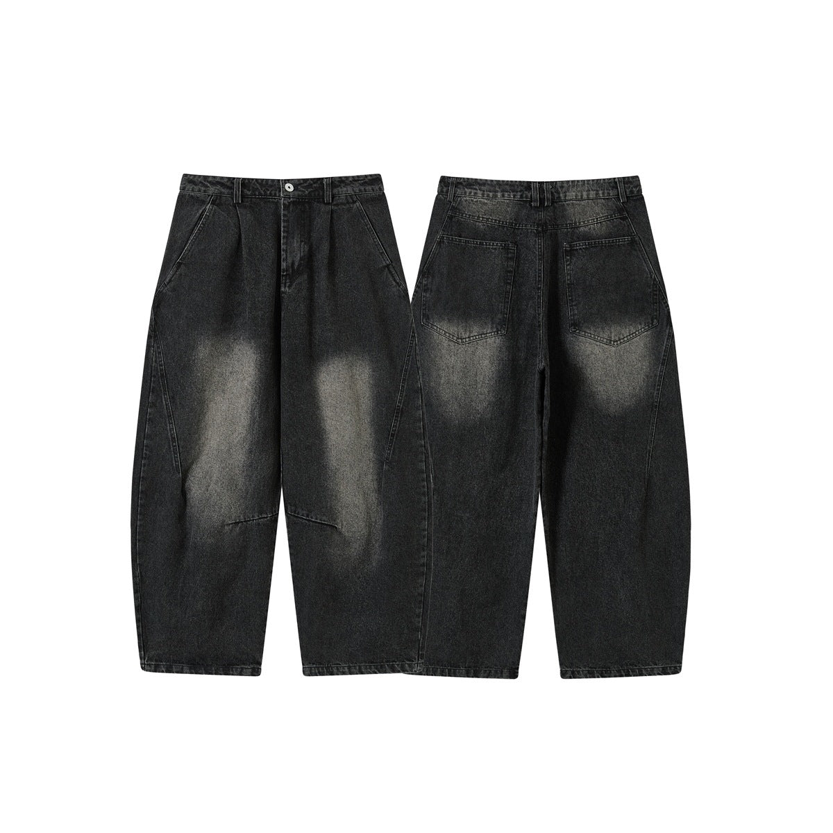 Full-length front and back views of black washed denim trousers with a relaxed, wide-leg shape.