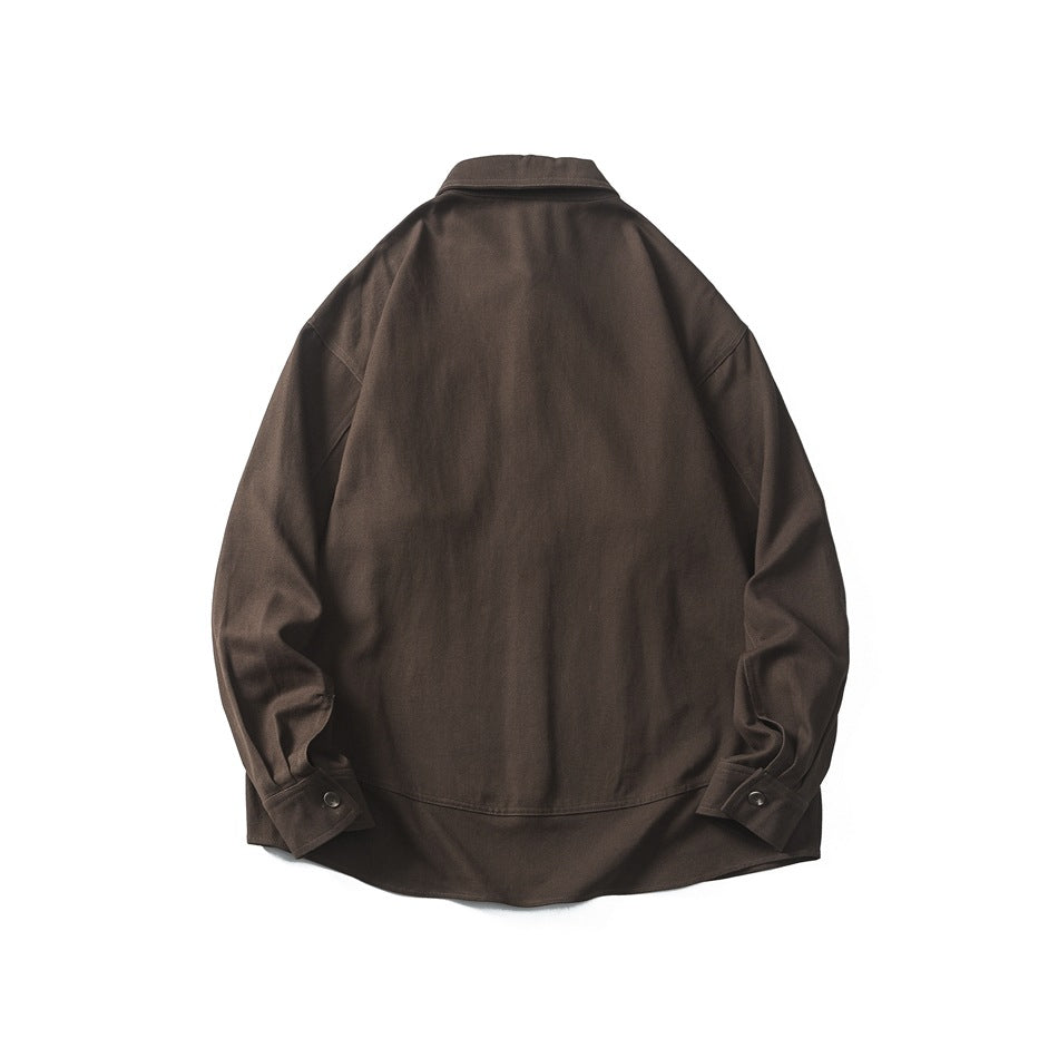 Back view of a dark brown long-sleeve button-up shirt with a pointed collar and button cuffs.