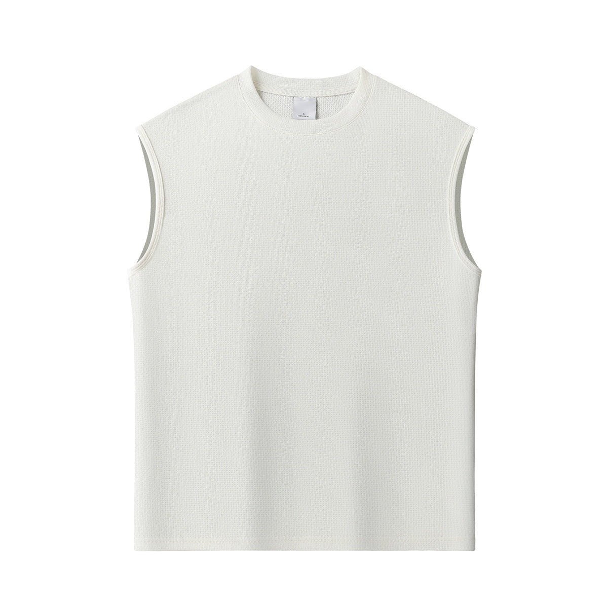 Off-white sleeveless crew-neck tank top with a textured fabric surface, flat front view