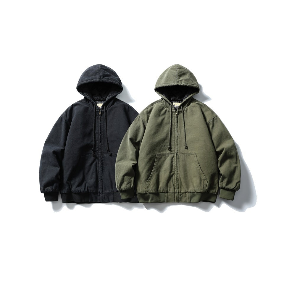 Two hooded zip-up jackets shown from the front, one black and one olive, each with drawstrings and a front pocket.