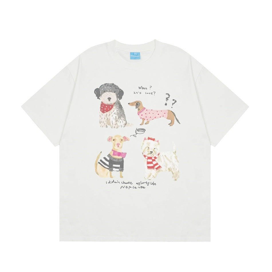 White short-sleeve crew-neck T-shirt with a front print of four illustrated dogs and handwritten-style text