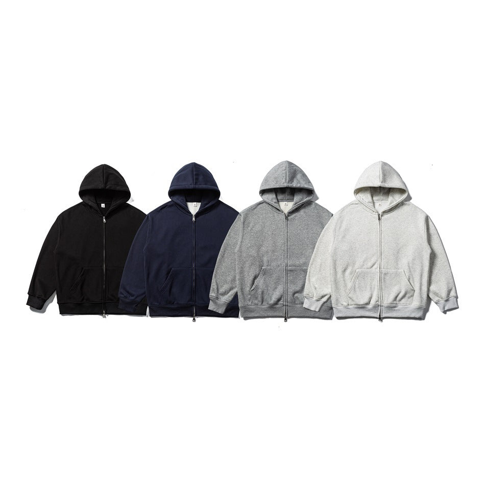 Four front views of zip-up hoodies with hoods and pockets in black, navy, heather gray, and light gray.