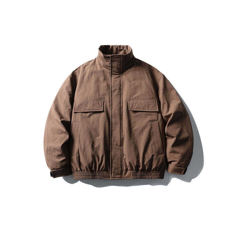 Brown stand-collar jacket flat lay, front view, with flap chest pockets, elastic hem and cuff tabs