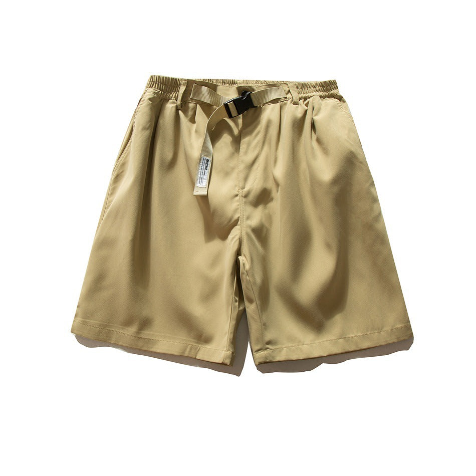 Khaki knee-length wide-leg shorts flat lay with elastic waist, buckle belt, front pleats and side pockets