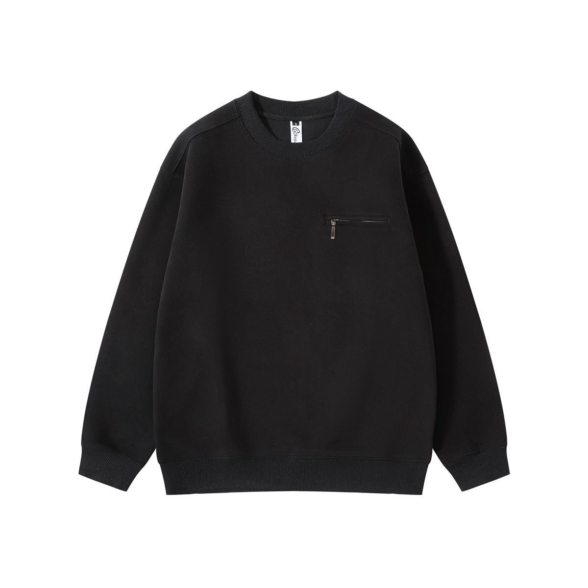 Black crewneck sweatshirt flat lay with ribbed trim and a small zippered chest pocket