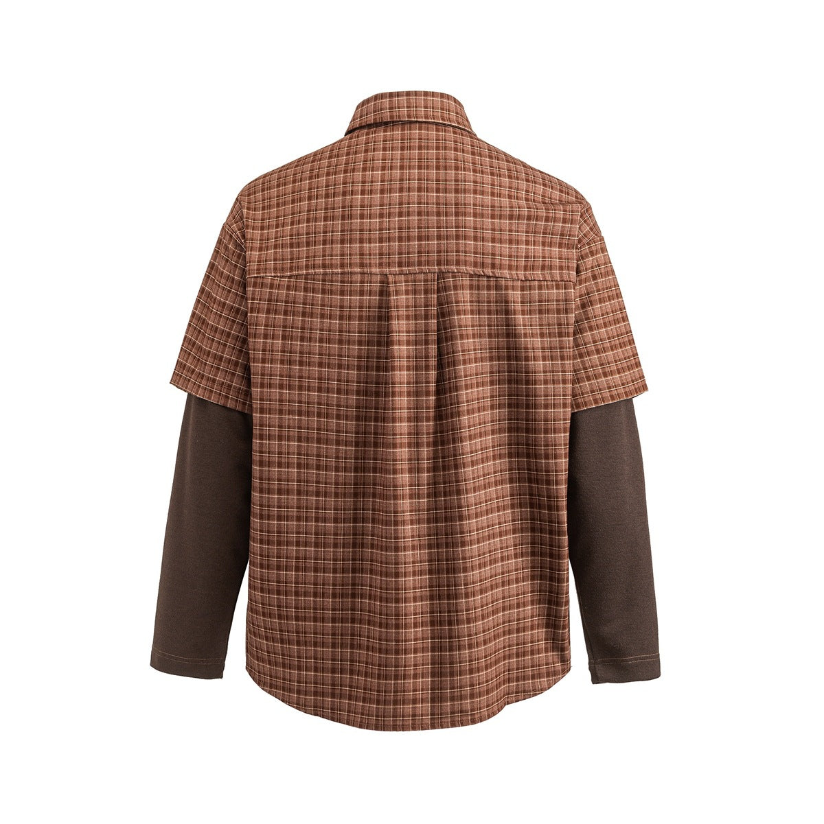 Back view of a brown plaid short-sleeve shirt layered over dark brown long sleeves.