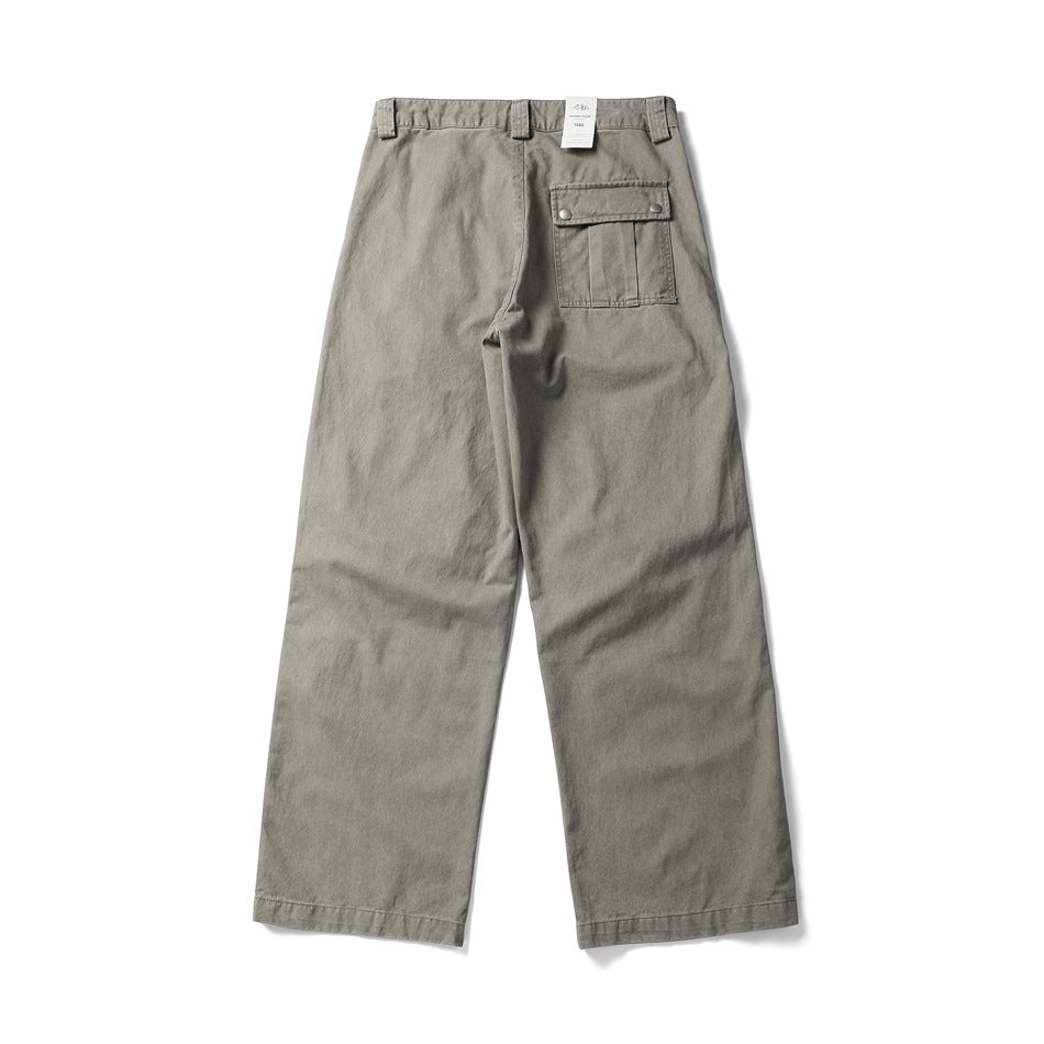 Back view of wide-leg light gray trousers with belt loops and a button-flap pocket.