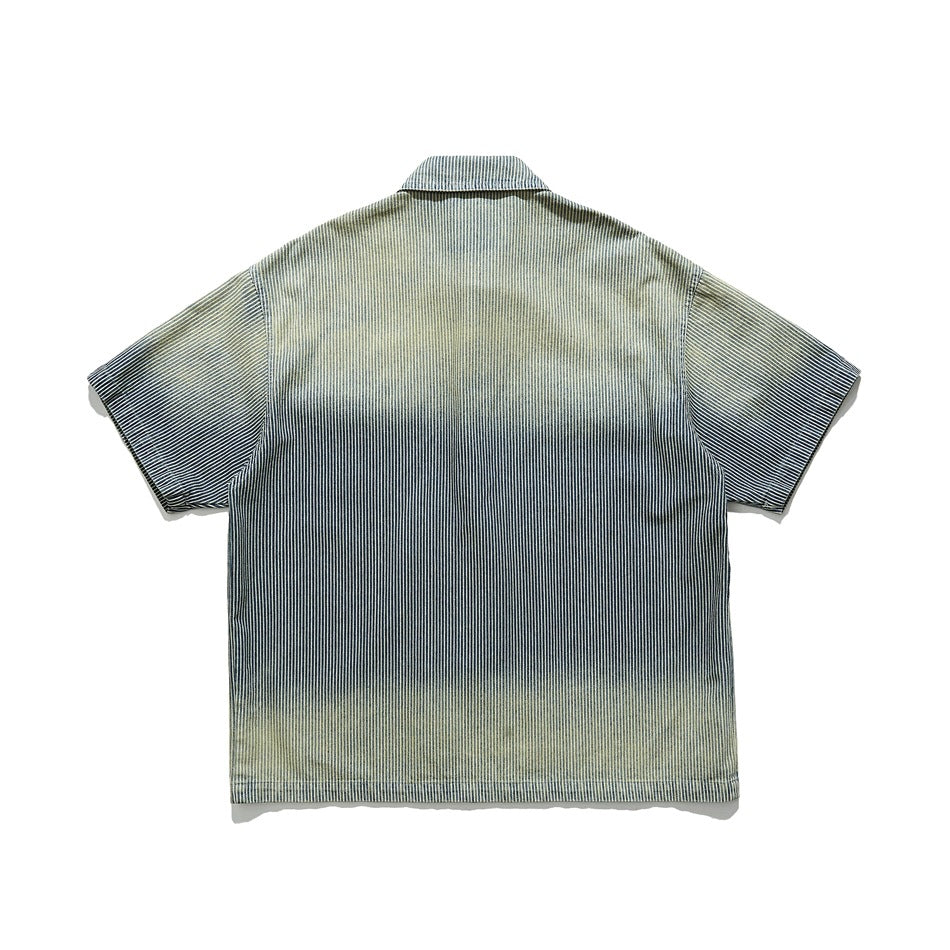 Back view of faded striped denim short-sleeve shirt, flat lay