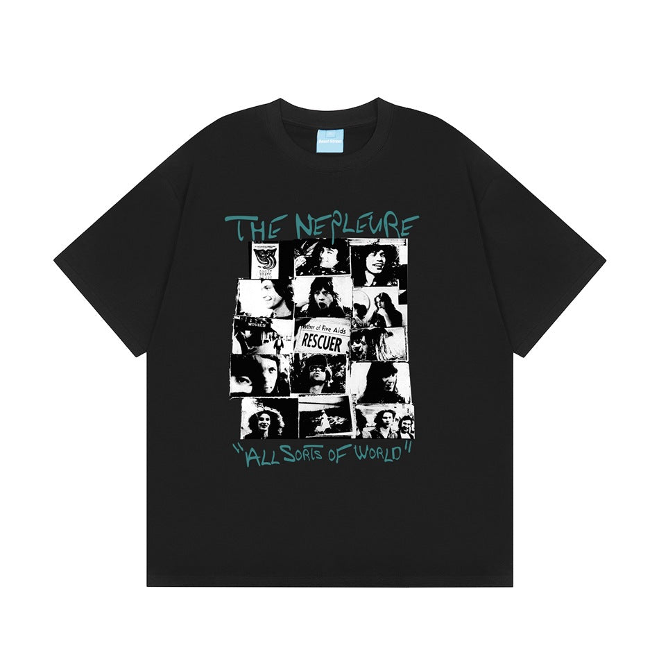 Black short-sleeve crew-neck T-shirt with black-and-white photo collage print and teal lettering, flat front view