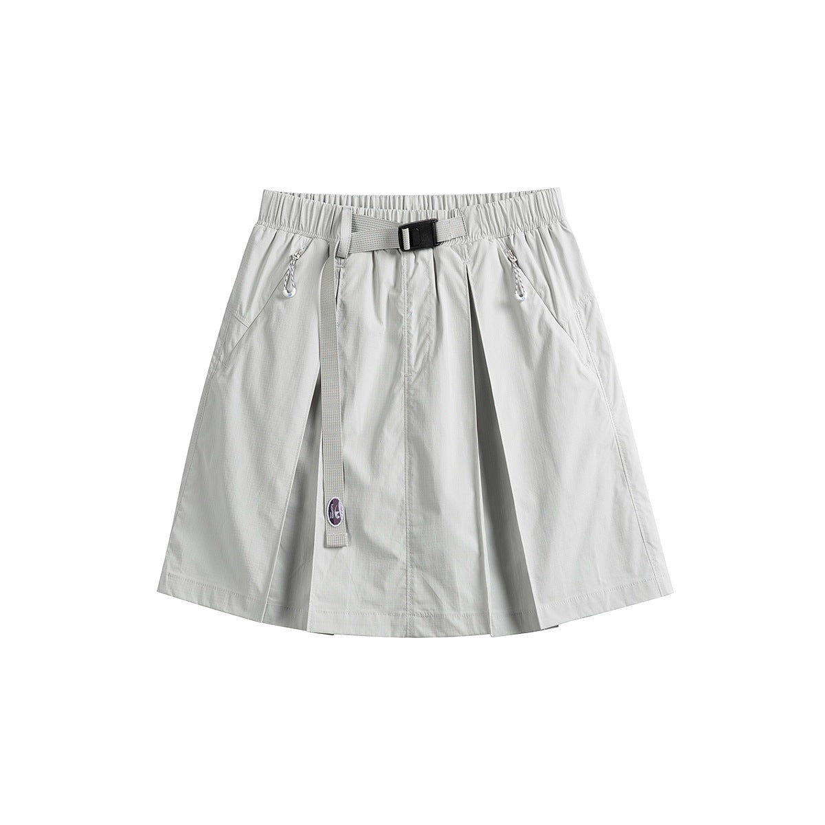 Light gray pleated A-line mini skirt with elastic waist, gray belt with buckle and side pockets, flat lay
