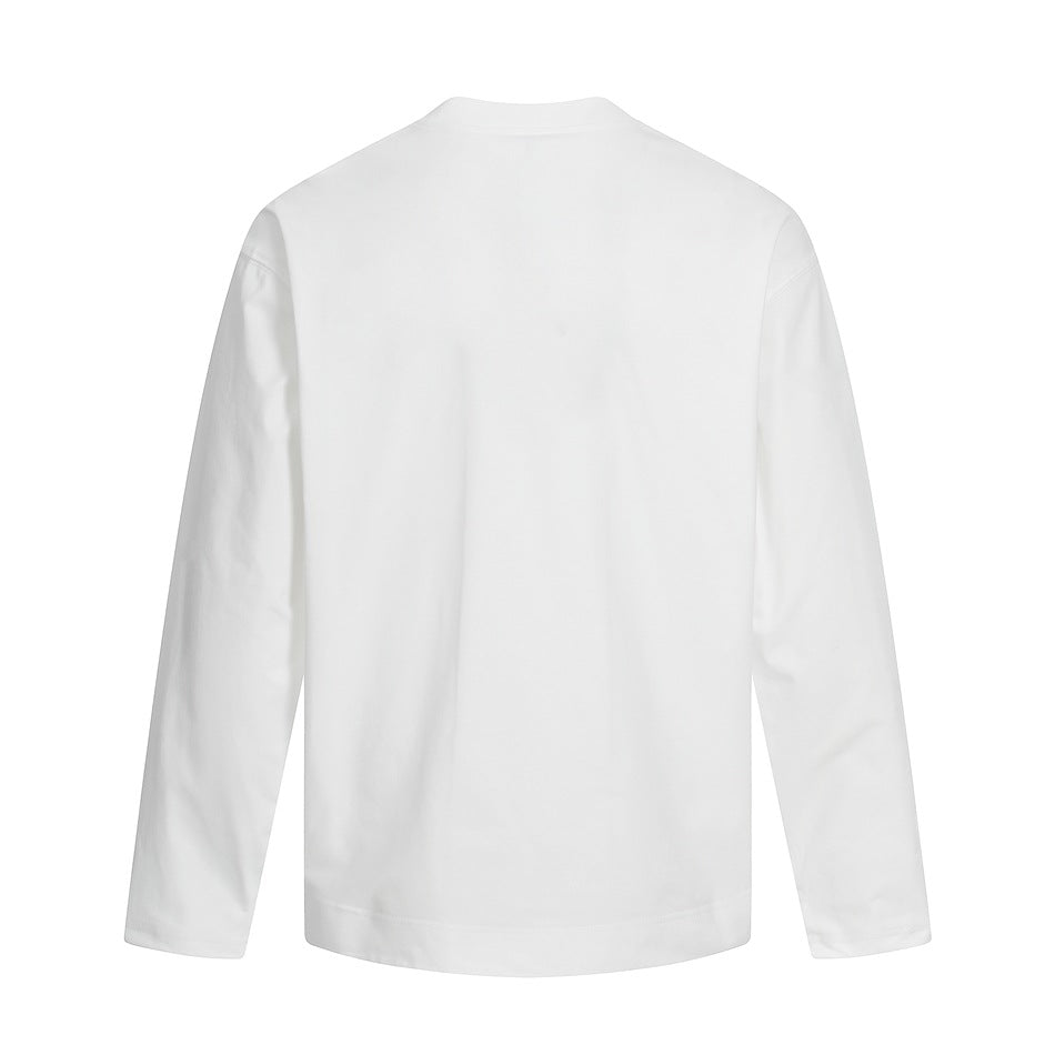 Back view of a plain white long-sleeve crew-neck shirt on a white background.