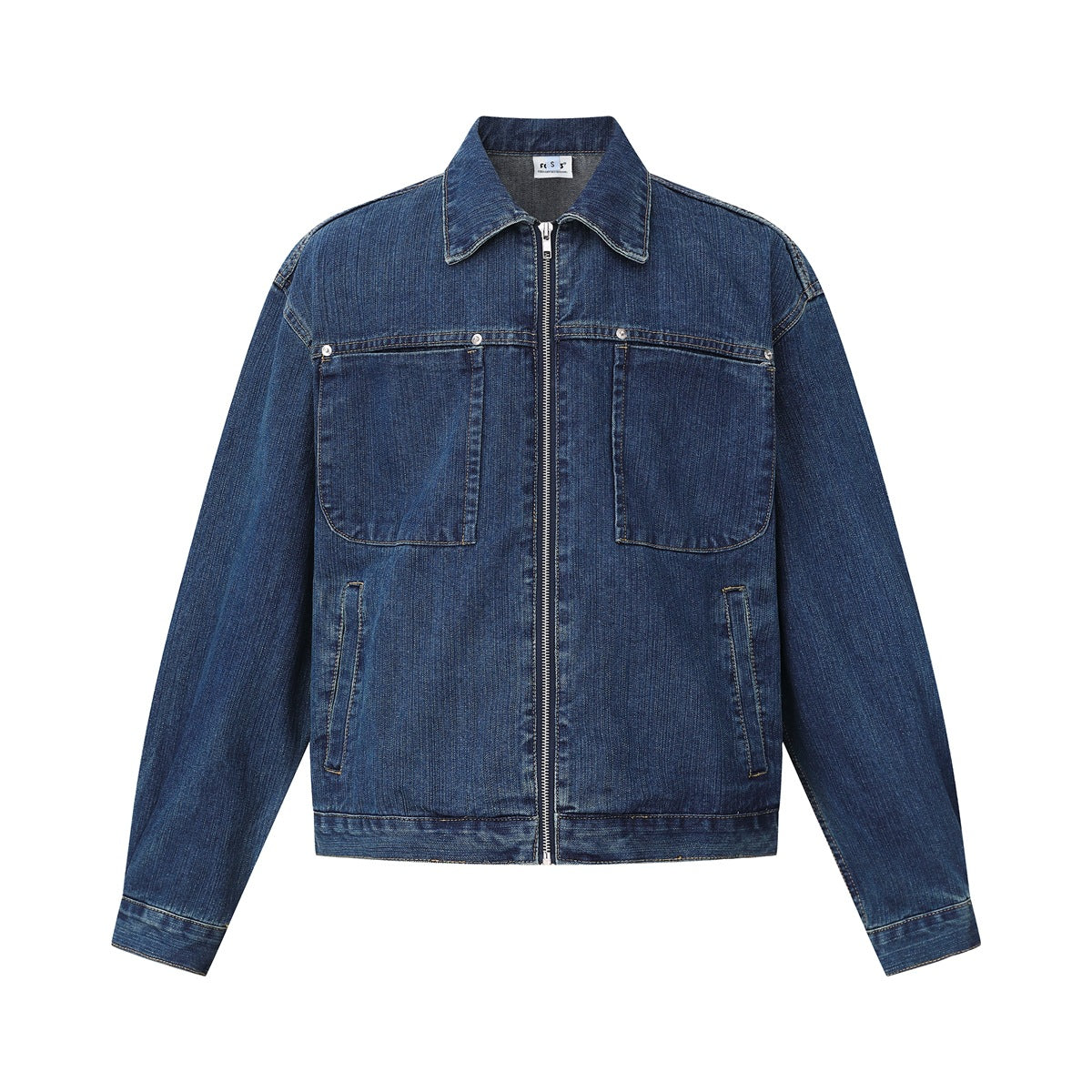 Blue washed denim zip jacket flat front view with two chest pockets and side pockets