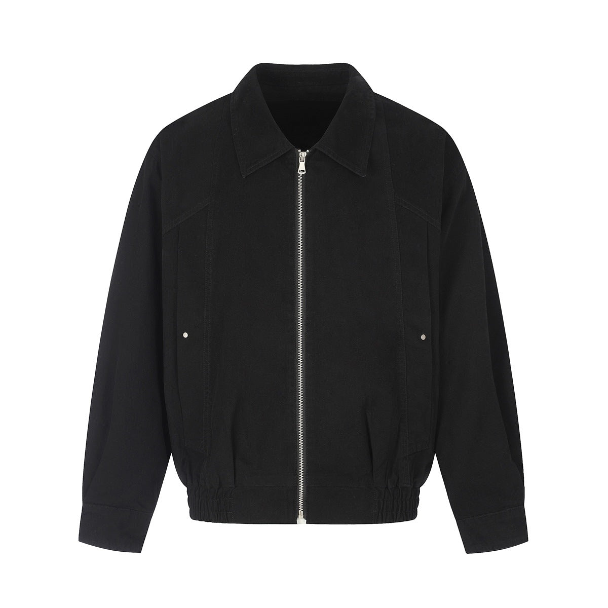 Black zip-front jacket with pointed collar, side studs, pleated lower body and elastic hem, flat front view