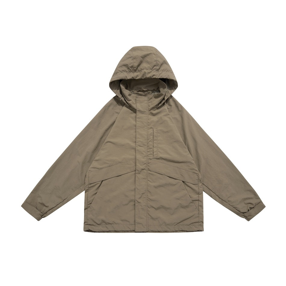 Brown hooded zip jacket flat lay with chest pocket and angled lower pocket panels