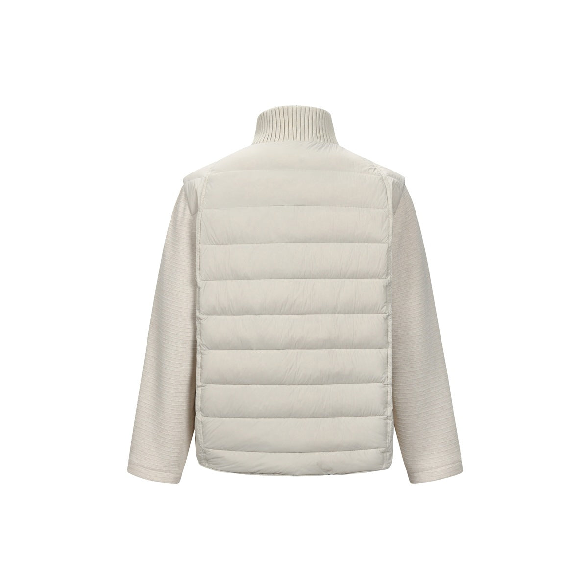 Back view of a cream jacket with a ribbed stand collar, quilted body, and long knit sleeves.