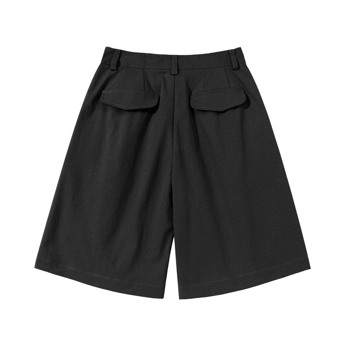 Black wide-leg shorts, back view with two flap pockets, belt loops and contrast topstitched hem