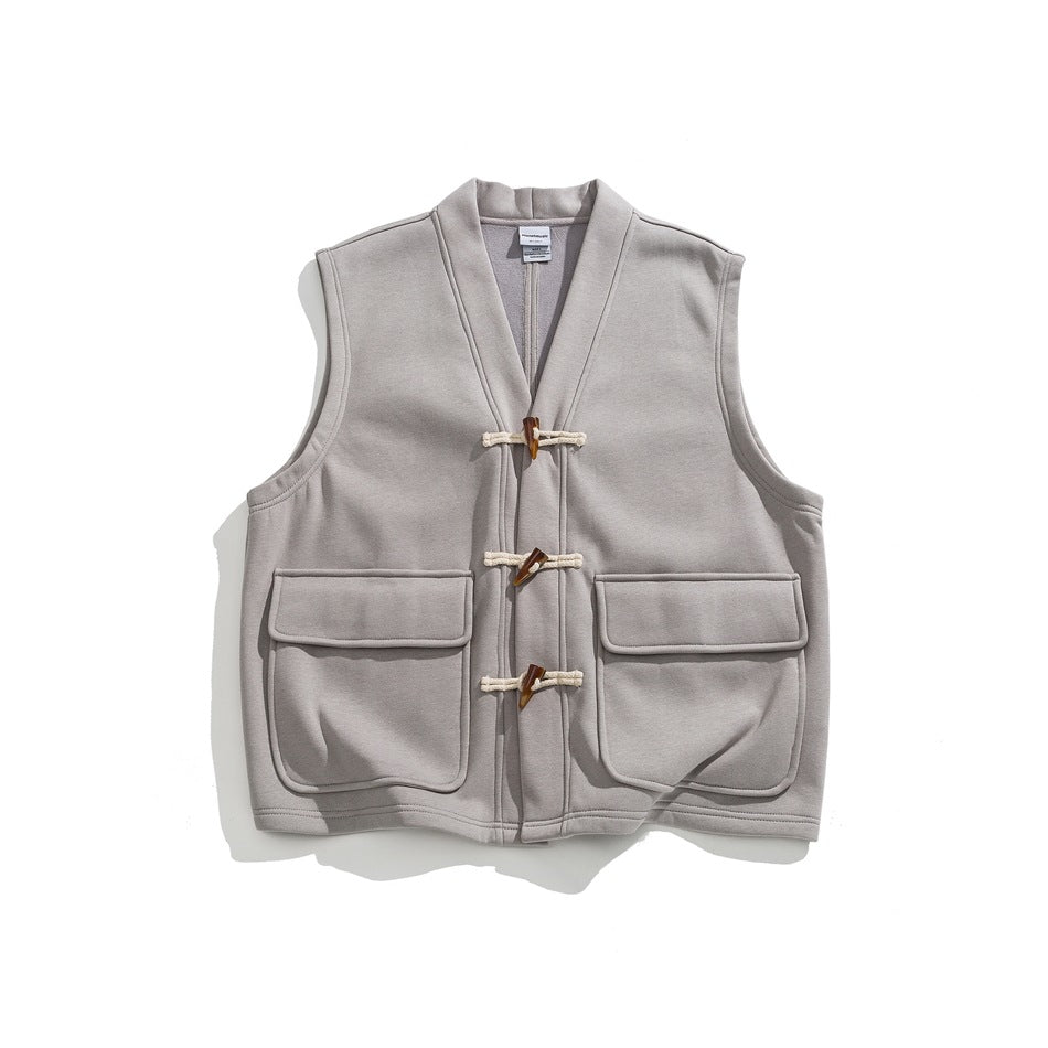 Gray sleeveless V-neck vest with three rope-loop toggle closures and two flap pockets, flat lay