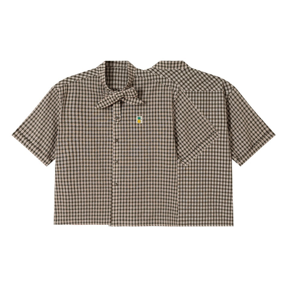 Brown plaid short-sleeve button-up shirt shown from the front and back, with a matching bow tie and pineapple patch.