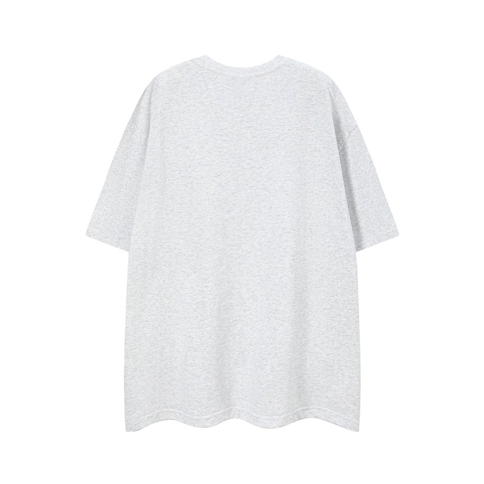 Back view of heather gray short-sleeve crew-neck T-shirt, plain with no print