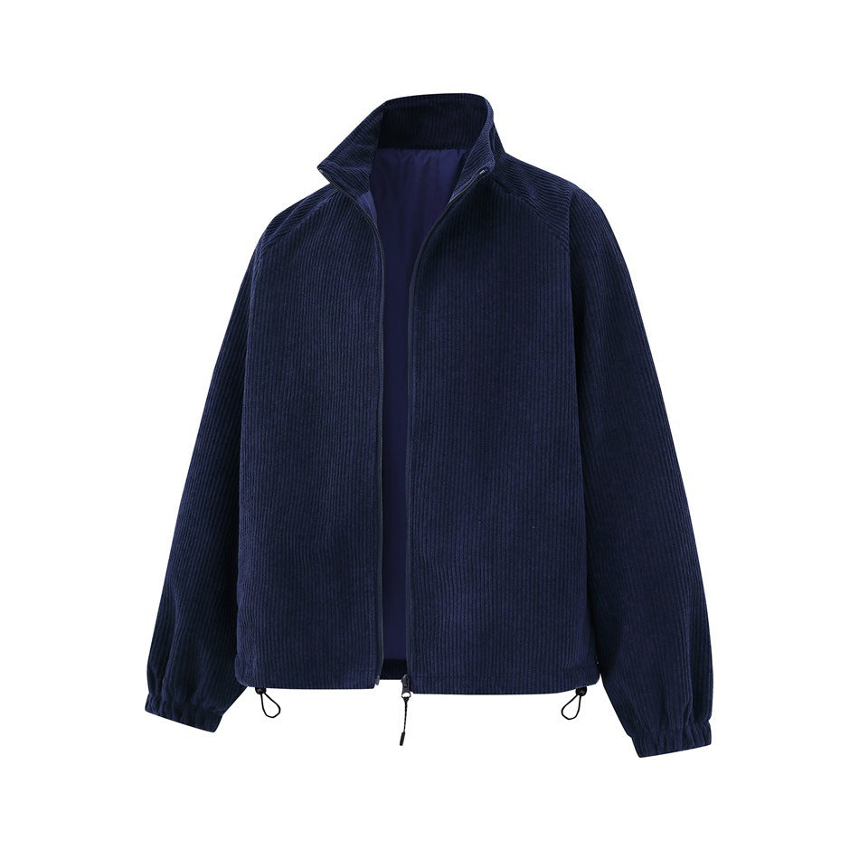Navy blue ribbed corduroy-style stand-collar jacket, front view with zipper partly open and hem drawcord toggles
