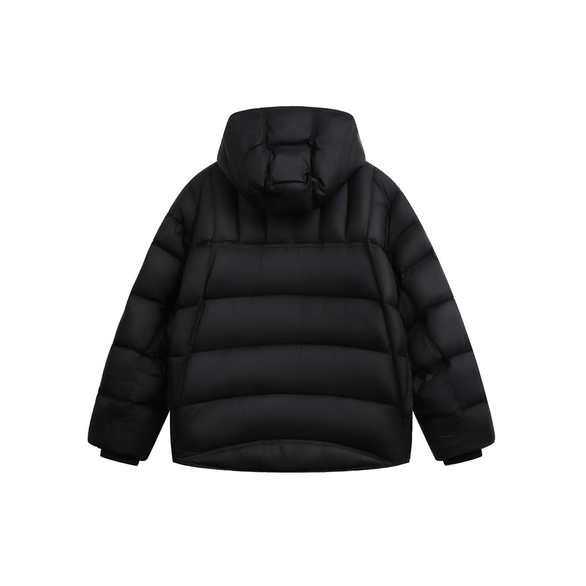 Back view of a black hooded puffer jacket with horizontal quilting and long sleeves.