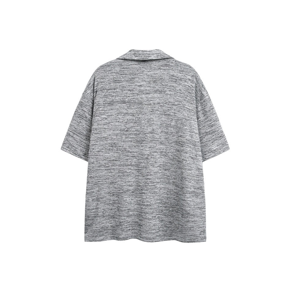 Back view of a light heather-gray short-sleeve shirt with a wide collar.