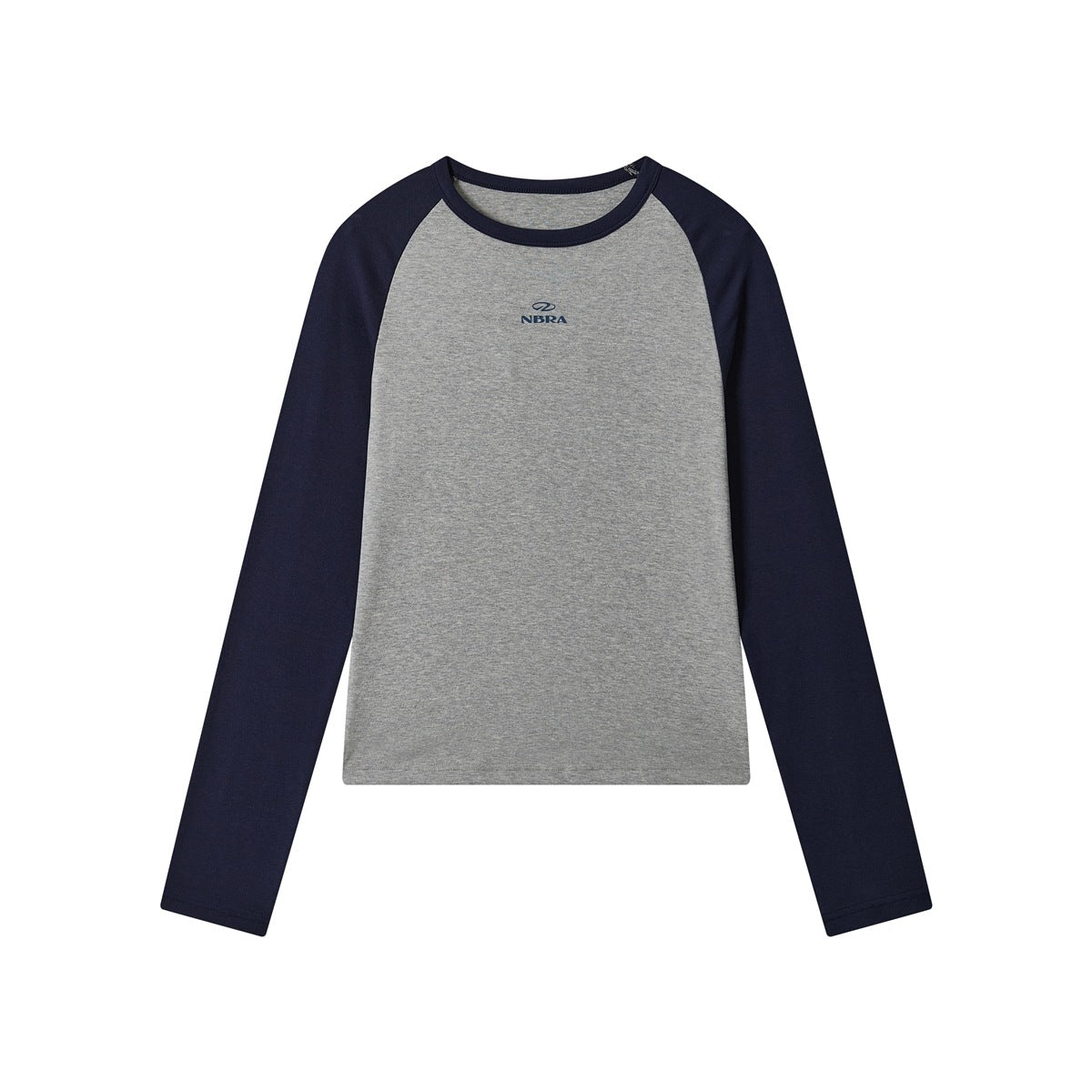 Front of heather gray long-sleeve raglan tee with navy sleeves and neckband and small chest logo print