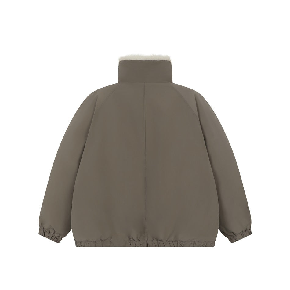 Back view of a taupe bomber jacket with raglan sleeves, a high collar, and elasticated cuffs and hem.