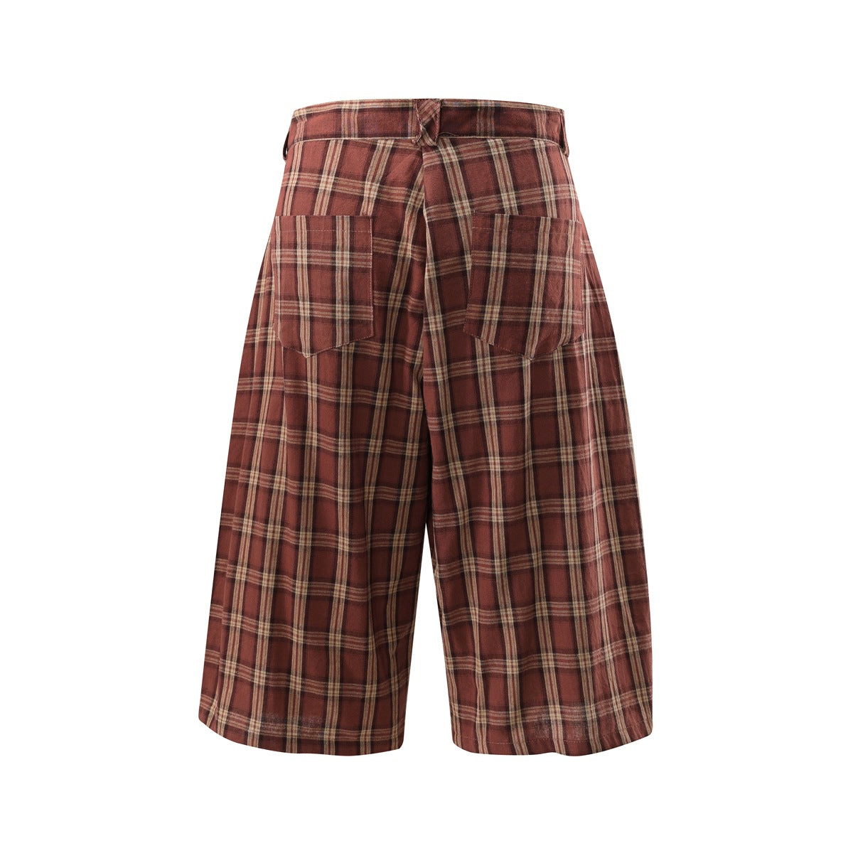 Back view of red-brown plaid knee-length shorts with two flap-style patch pockets