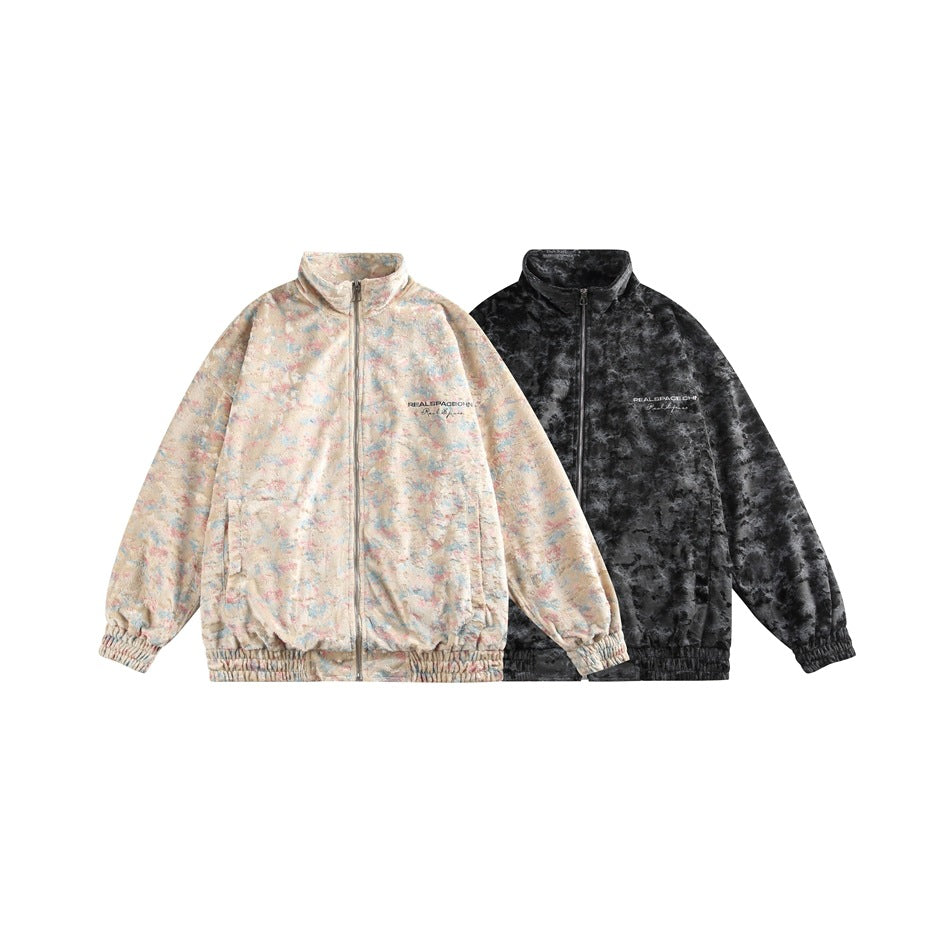 Two zip-up jackets shown together: one pastel multicolor and one black mottled, both with high collars.