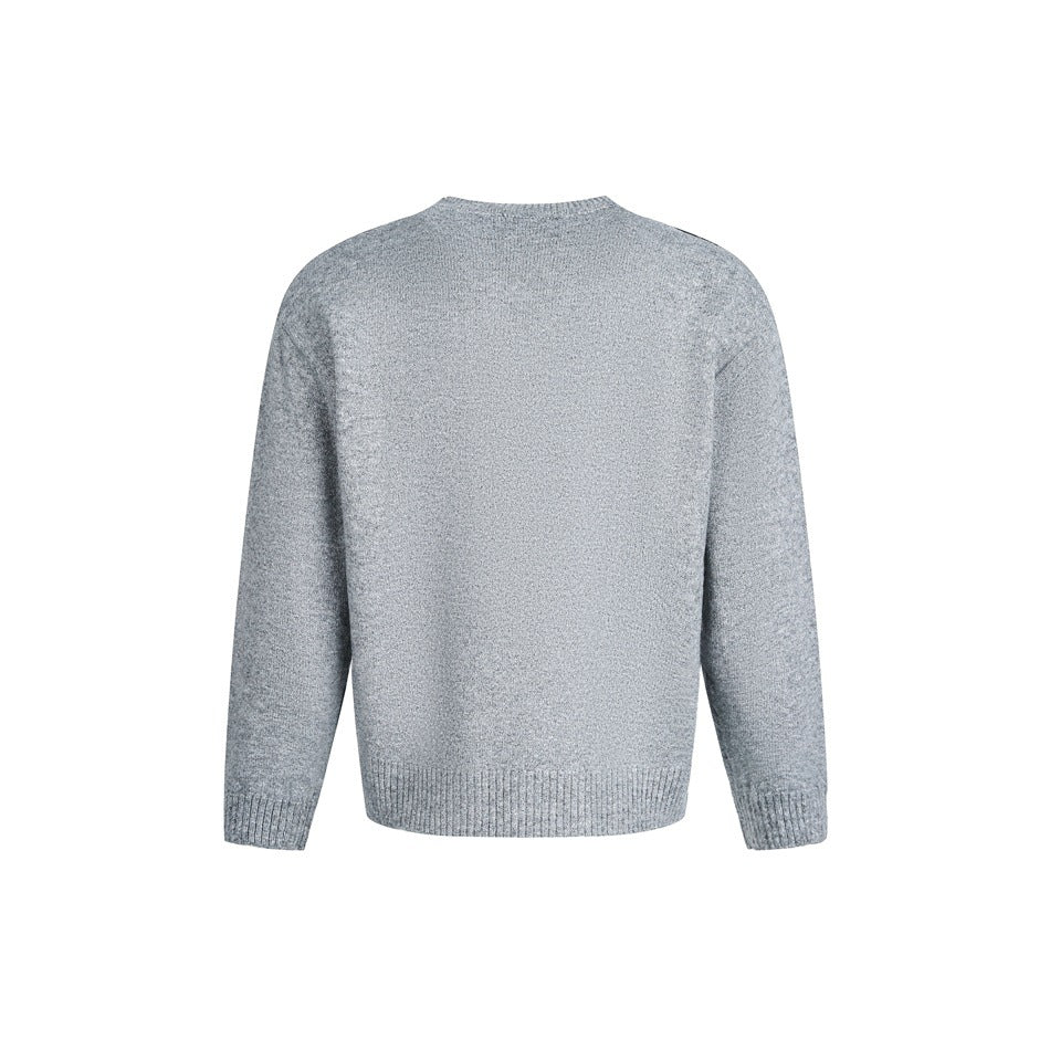Back view of a plain gray long-sleeve knit sweater with ribbed collar, cuffs, and hem.