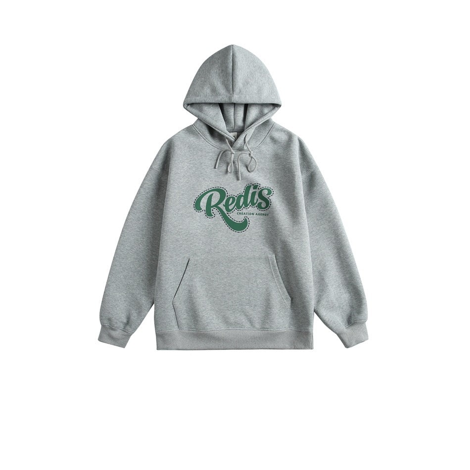 Heather gray pullover hoodie with green script graphic on chest, drawstring hood and front pocket, flat lay