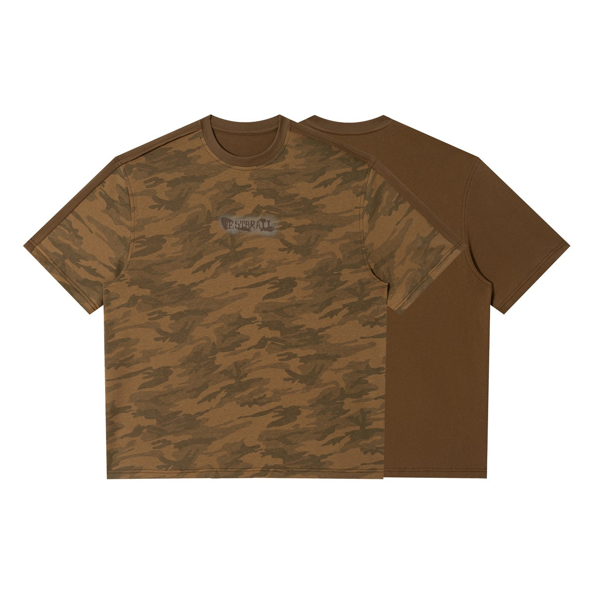 Brown crew-neck T-shirt shown from the front in brown camouflage, with a small chest wordmark; plain brown back view behind