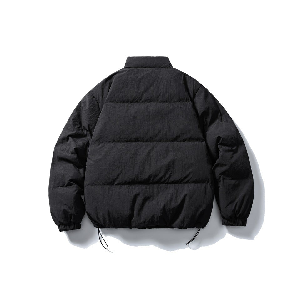 Back view of a black quilted jacket with horizontal panels, elastic cuffs, and adjustable hem cords.