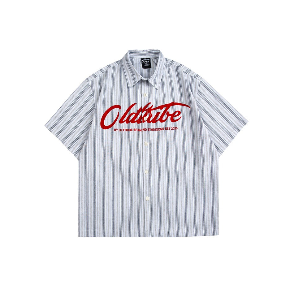 White and blue-gray striped short-sleeve button-up shirt with red script lettering on the chest, flat front view