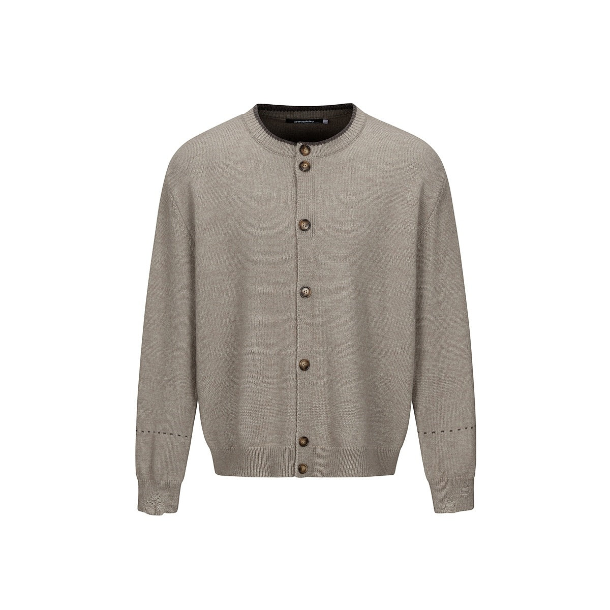 Camel knit button-front crew neck cardigan with brown neck trim and distressed cuffs, flat front view