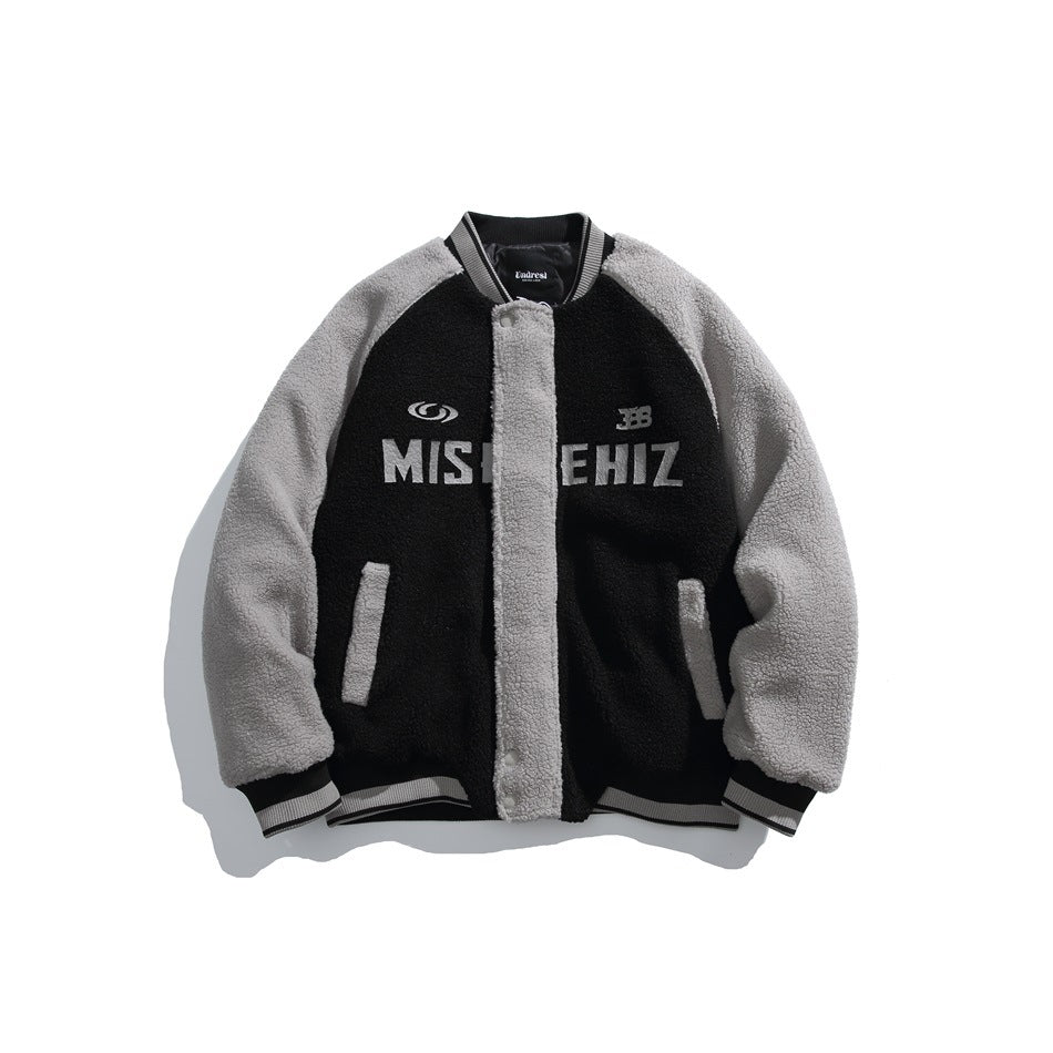 Black and light gray fleece-texture baseball jacket with striped ribbed trim, snap front and embroidered lettering