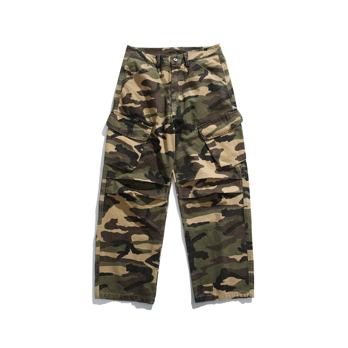 Flat-lay front view of camouflage cargo pants with large flap thigh pockets and a wide straight leg